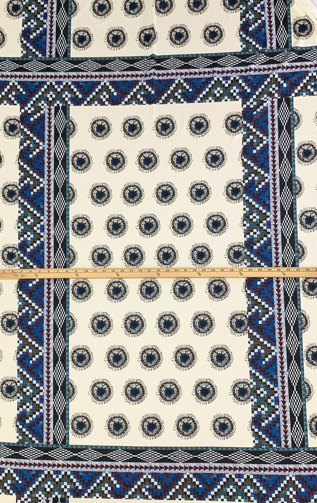 Antique Off-White/Cyan Cobalt Blue/Multi Rayon/Lycra Large Southwest Frame Ornate Dot Print Jersey Knit - NY Designer - 60W