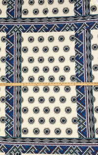 Antique Off-White/Cyan Cobalt Blue/Multi Rayon/Lycra Large Southwest Frame Ornate Dot Print Jersey Knit - NY Designer - 60W