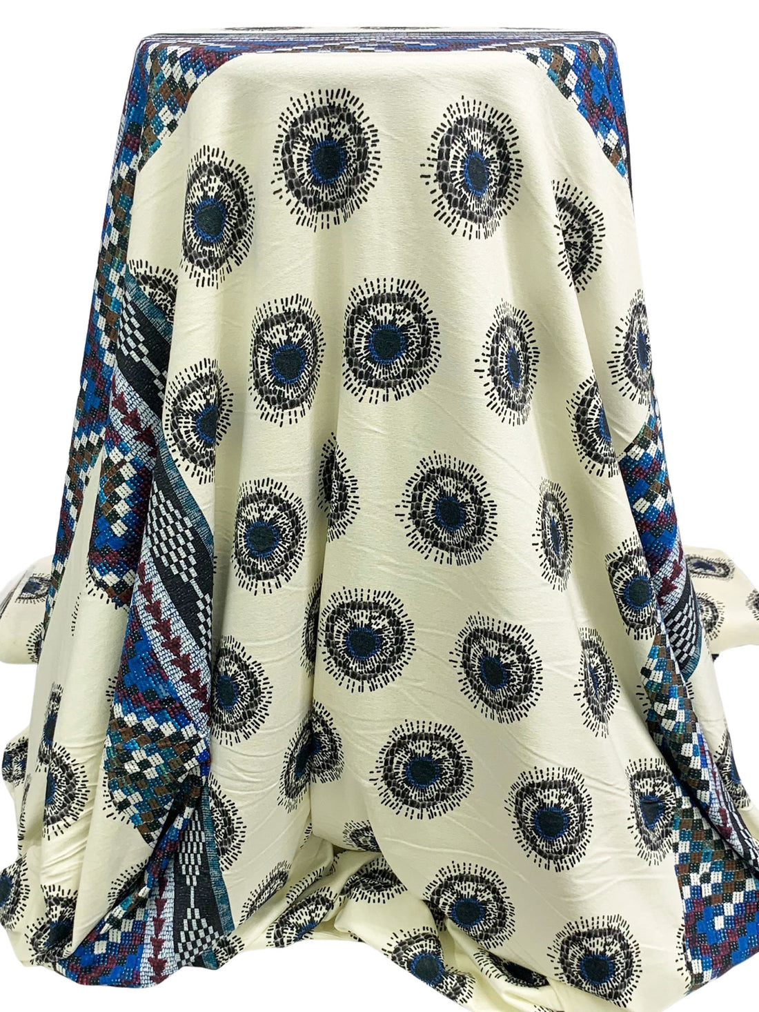 Antique Off-White/Cyan Cobalt Blue/Multi Rayon/Lycra Large Southwest Frame Ornate Dot Print Jersey Knit - NY Designer - 60W