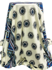 Antique Off-White/Cyan Cobalt Blue/Multi Rayon/Lycra Large Southwest Frame Ornate Dot Print Jersey Knit - NY Designer - 60W