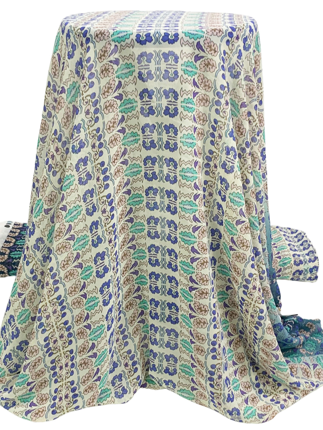 Antique Off-White/True Blue/Multi 100% Polyester Single Border Floral Print Chiffon 58W