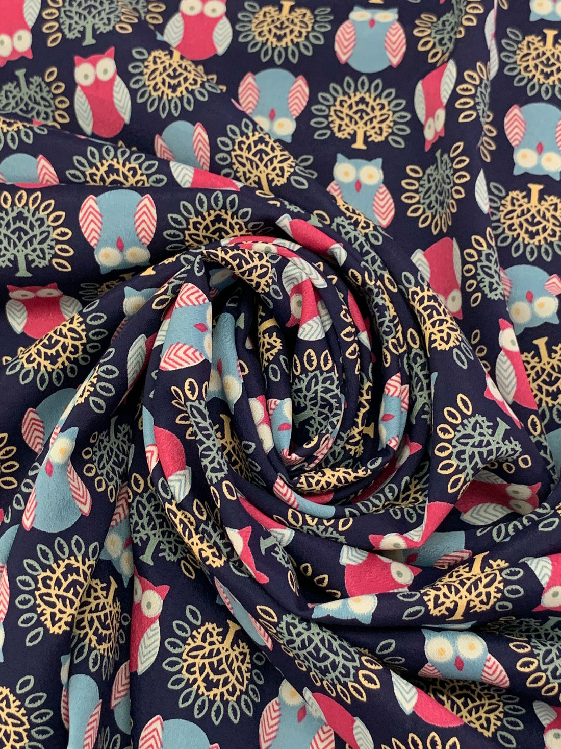 Navy/Carmine/Steel Teal 100% Polyester Owl Print Crepe de Chine 58W