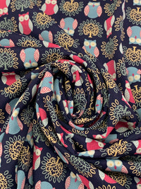 Navy/Carmine/Steel Teal 100% Polyester Owl Print Crepe de Chine 58W