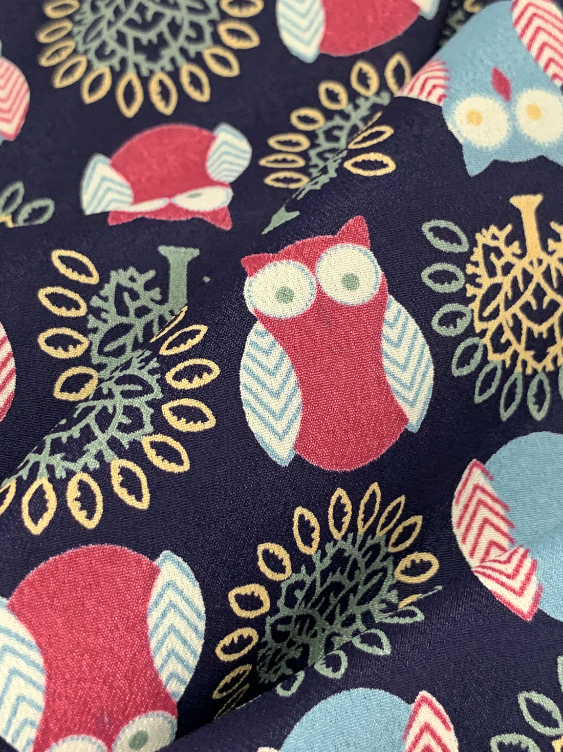 Navy/Carmine/Steel Teal 100% Polyester Owl Print Crepe de Chine 58W