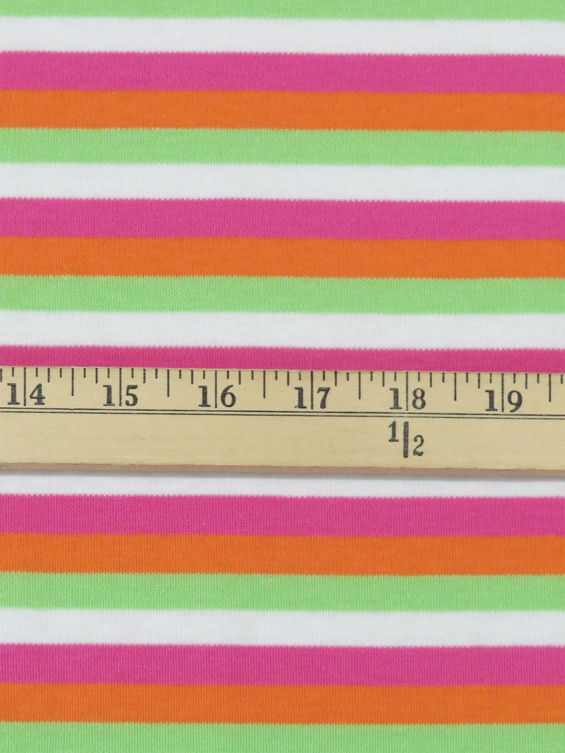 Tiger Orange/Fruit Punch Pink/Spring Onion Green/White Cotton/Polyester Yarn-Dyed Horizontal Stripe Interlock Knit 65W