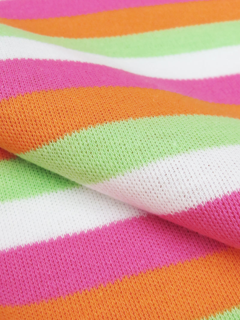 Tiger Orange/Fruit Punch Pink/Spring Onion Green/White Cotton/Polyester Yarn-Dyed Horizontal Stripe Interlock Knit 65W