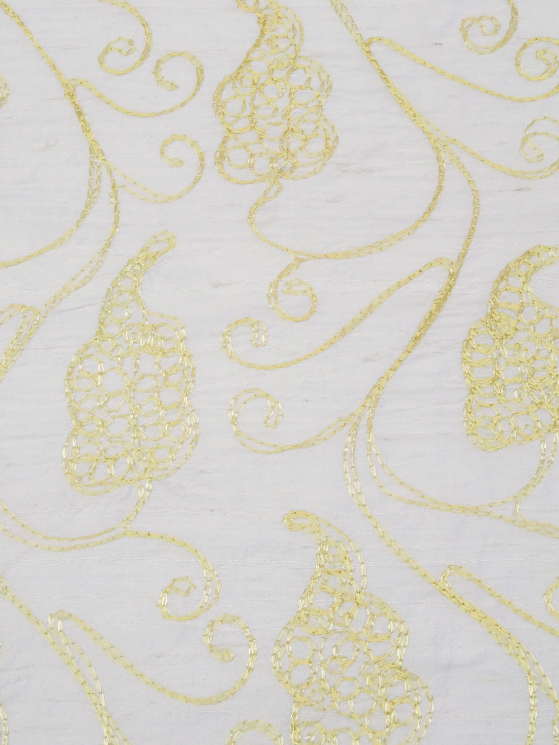 Antique White/Pastel Yellow 100% Silk Leaf Embroidered Dupioni 42W