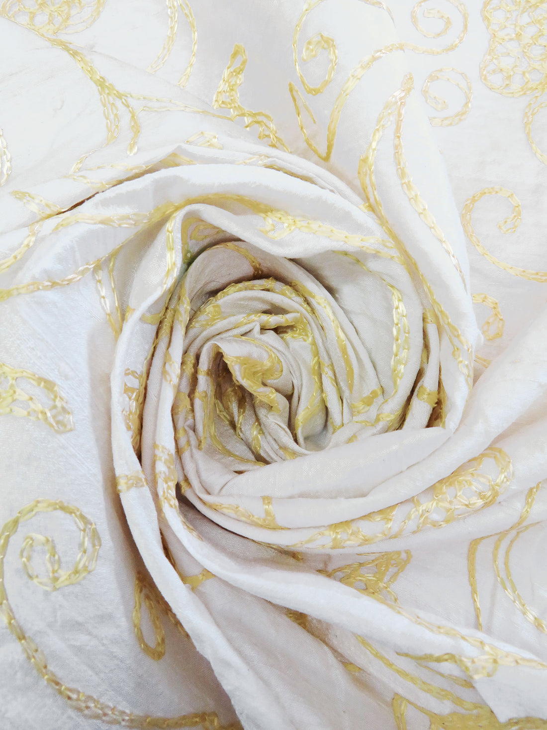 Antique White/Pastel Yellow 100% Silk Leaf Embroidered Dupioni 42W