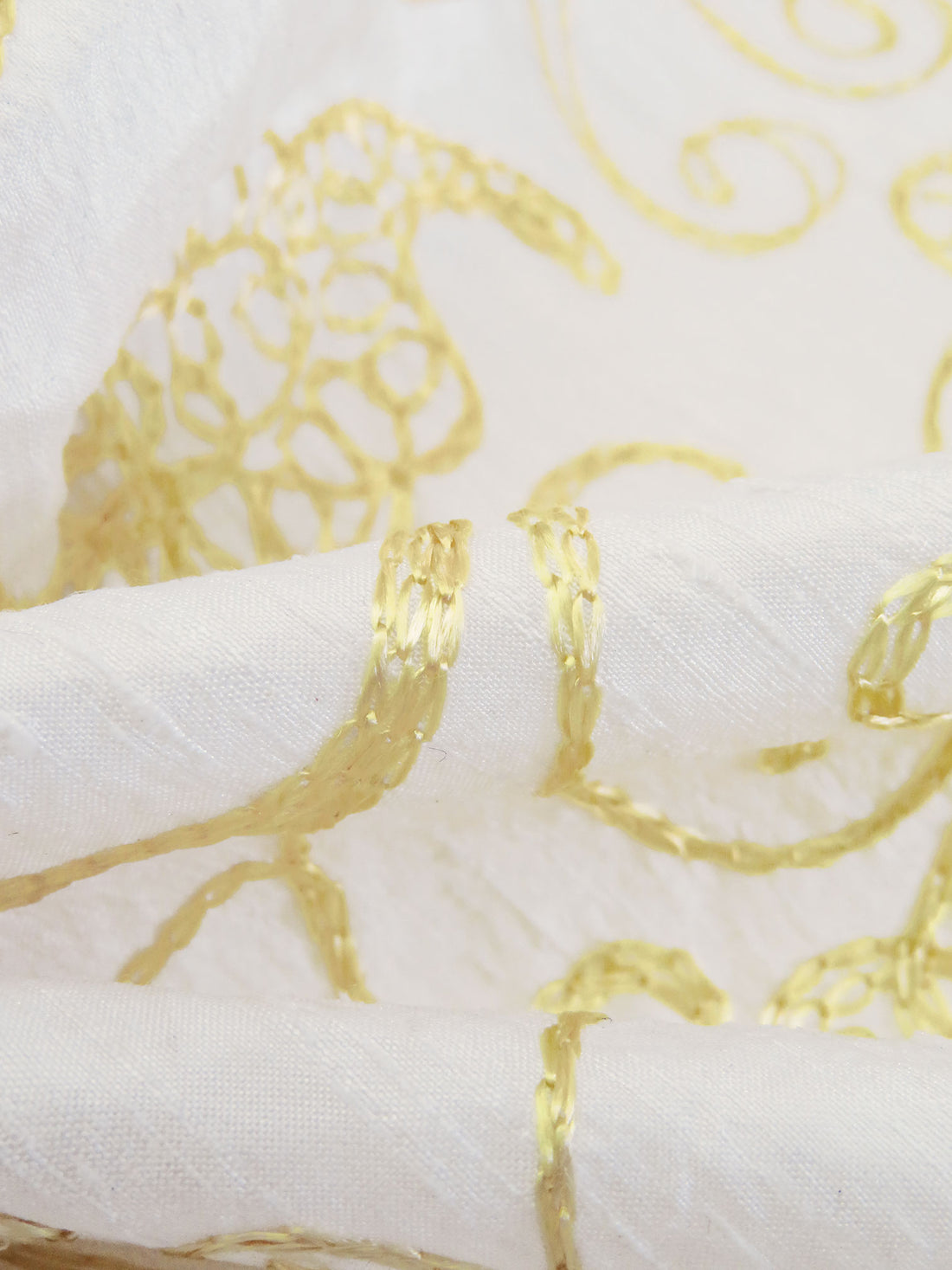 Antique White/Pastel Yellow 100% Silk Leaf Embroidered Dupioni 42W