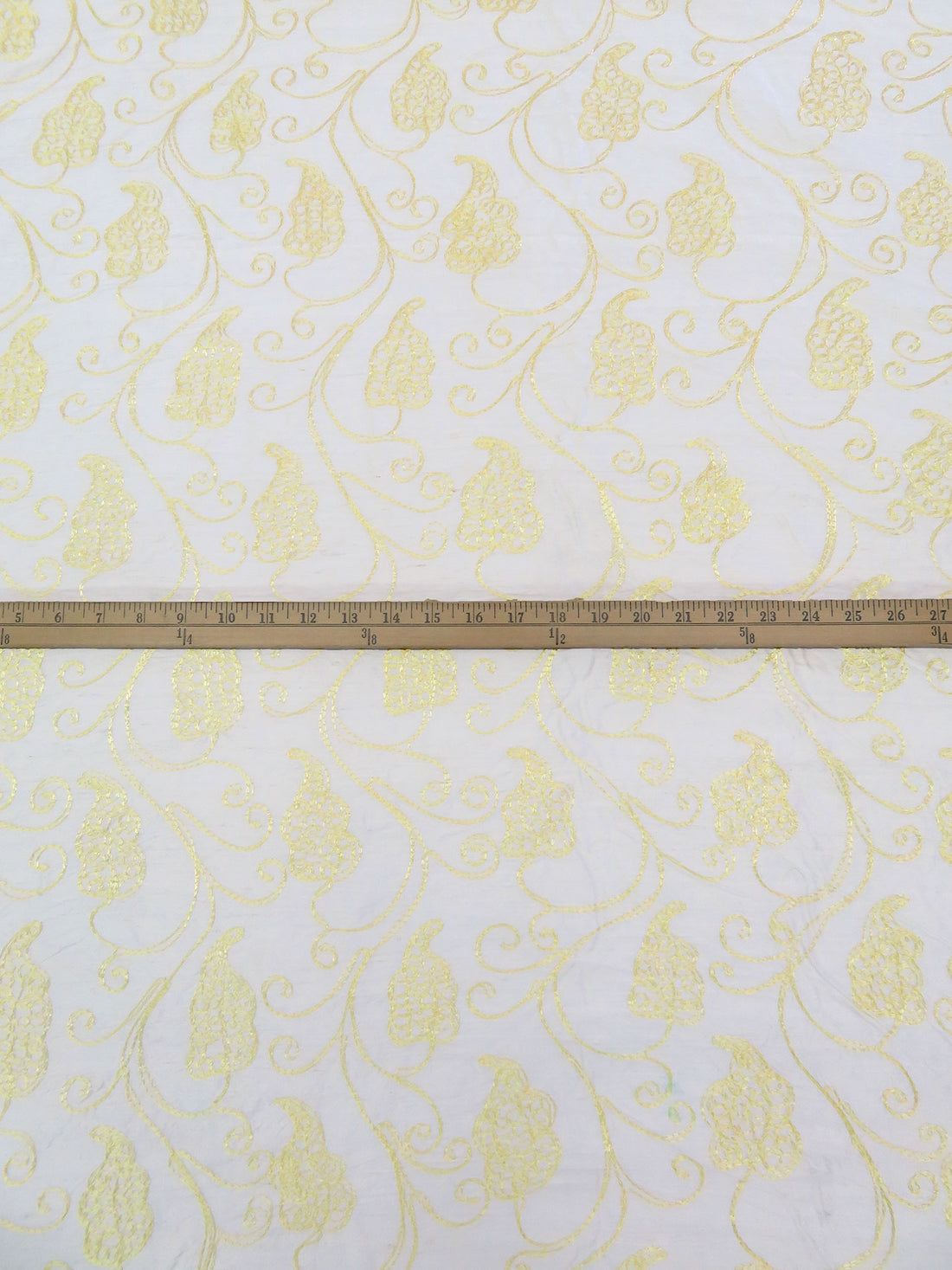 Antique White/Pastel Yellow 100% Silk Leaf Embroidered Dupioni 42W