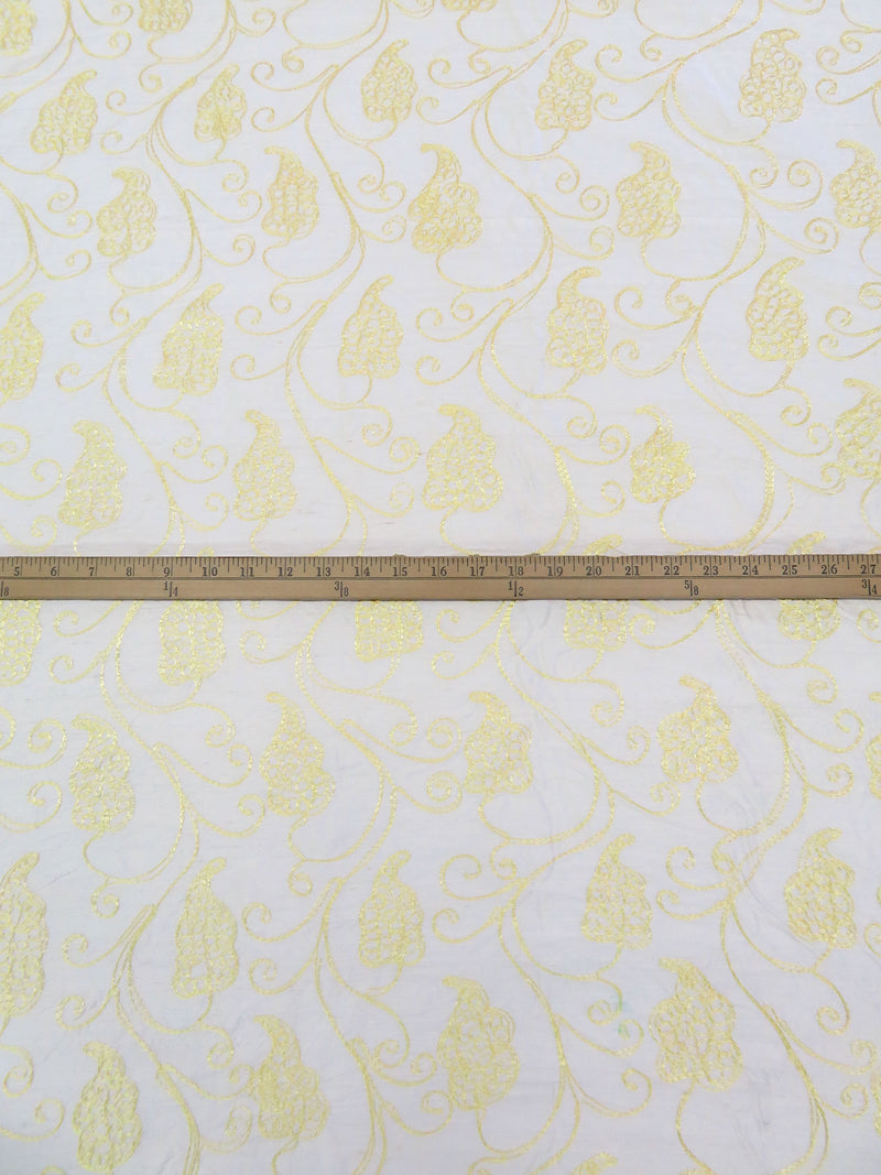 Antique White/Pastel Yellow 100% Silk Leaf Embroidered Dupioni 42W