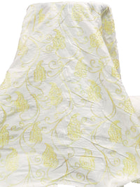 Antique White/Pastel Yellow 100% Silk Leaf Embroidered Dupioni 42W