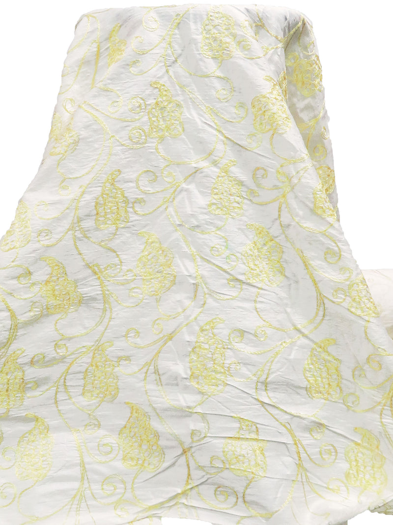 Antique White/Pastel Yellow 100% Silk Leaf Embroidered Dupioni 42W