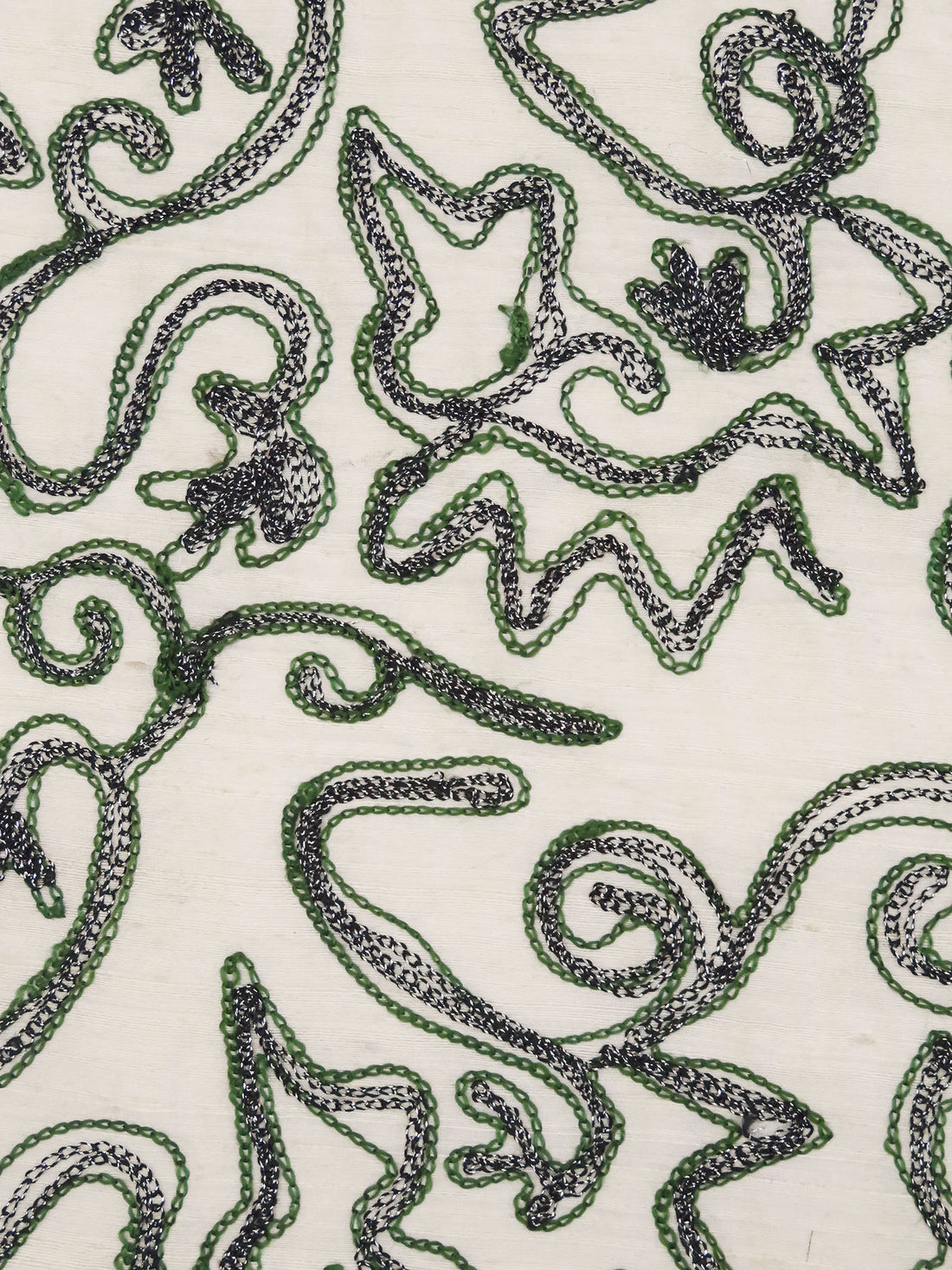 Warm Antique White/Dark Charcoal Gray/Mughal Green 100% Silk Abstract Embroidered Dupioni 42W