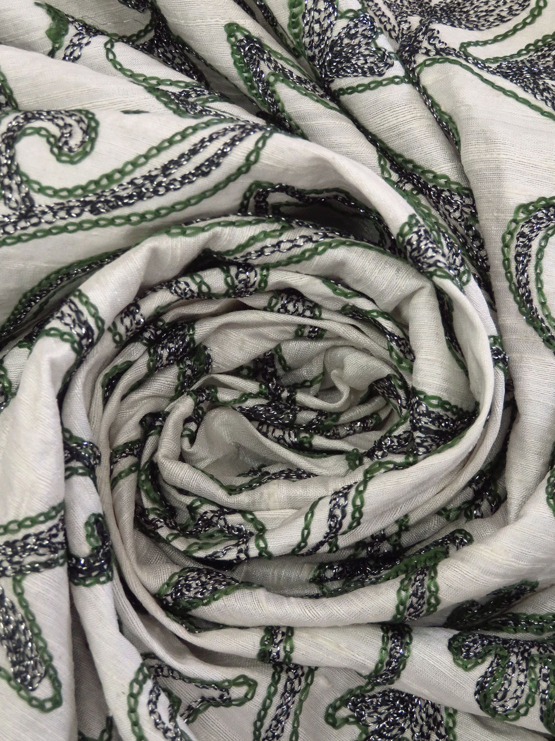 Warm Antique White/Dark Charcoal Gray/Mughal Green 100% Silk Abstract Embroidered Dupioni 42W