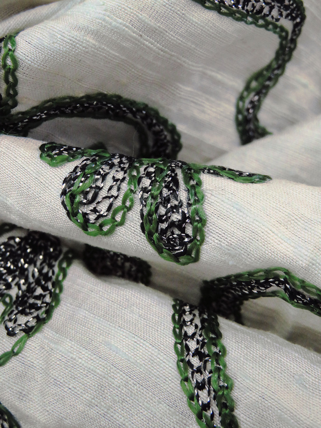 Warm Antique White/Dark Charcoal Gray/Mughal Green 100% Silk Abstract Embroidered Dupioni 42W