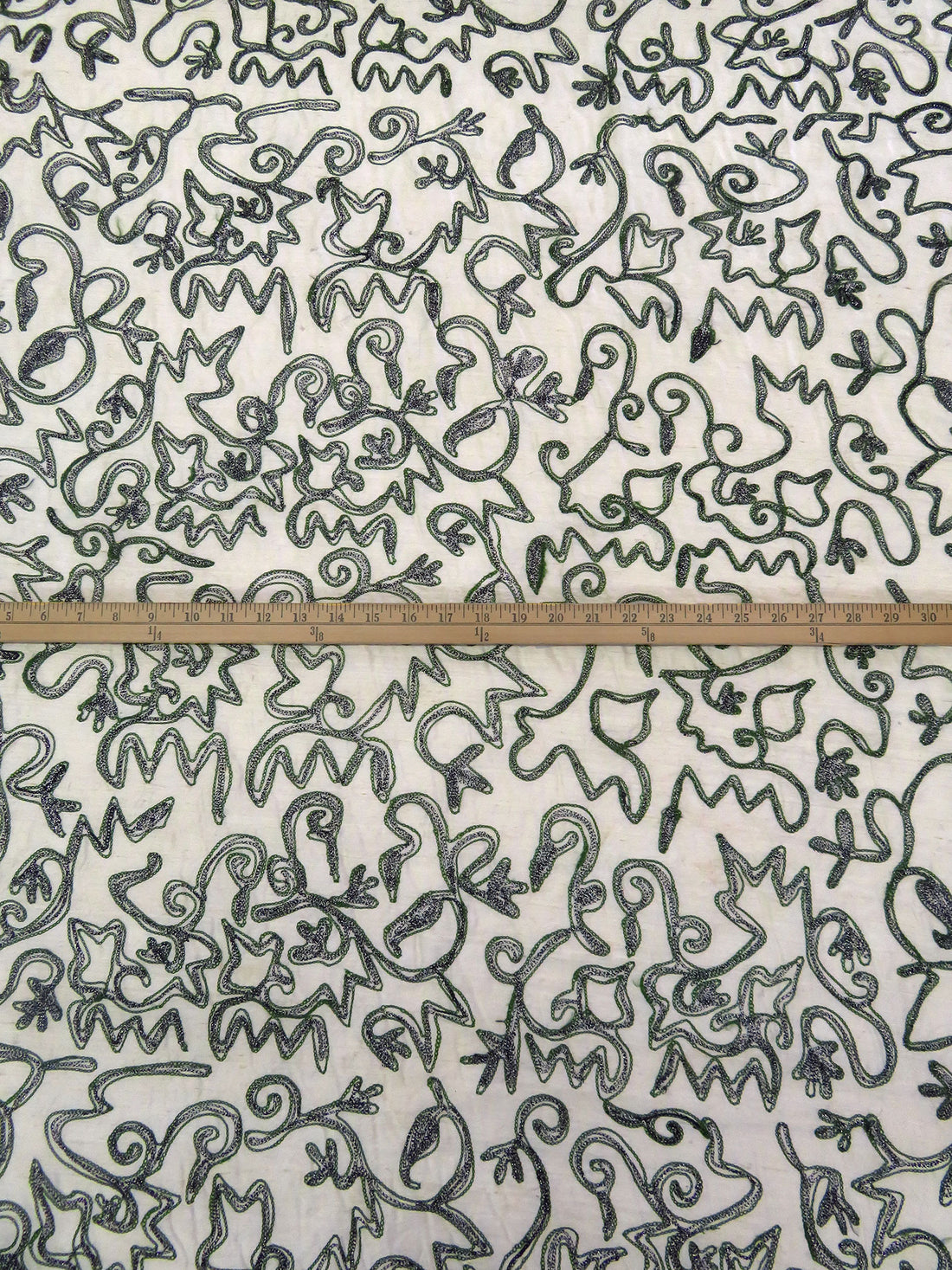 Warm Antique White/Dark Charcoal Gray/Mughal Green 100% Silk Abstract Embroidered Dupioni 42W