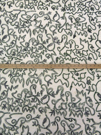 Warm Antique White/Dark Charcoal Gray/Mughal Green 100% Silk Abstract Embroidered Dupioni 42W