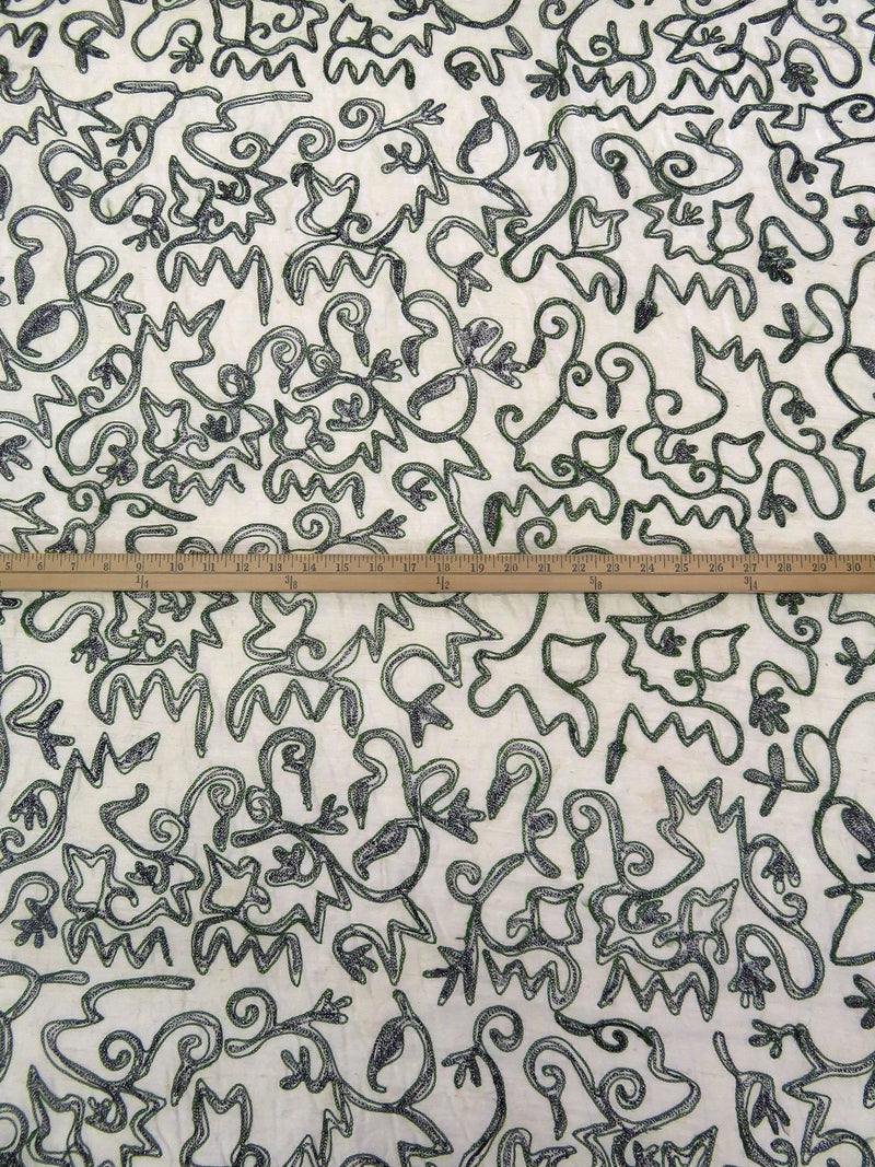 Warm Antique White/Dark Charcoal Gray/Mughal Green 100% Silk Abstract Embroidered Dupioni 42W