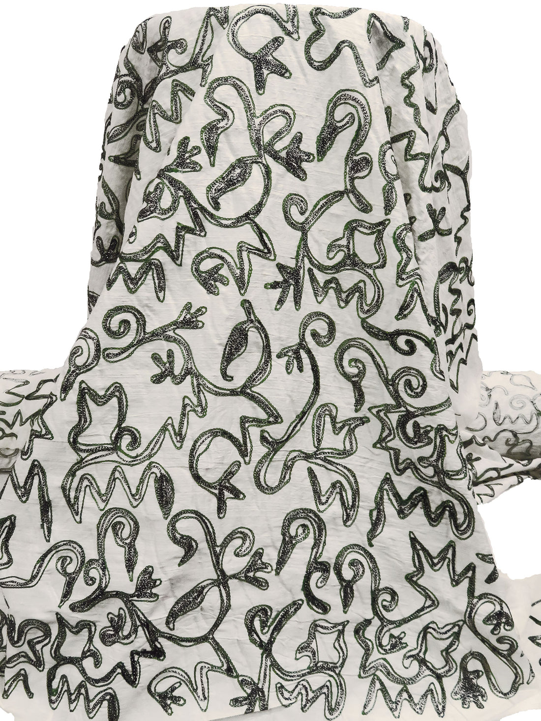 Warm Antique White/Dark Charcoal Gray/Mughal Green 100% Silk Abstract Embroidered Dupioni 42W