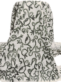 Warm Antique White/Dark Charcoal Gray/Mughal Green 100% Silk Abstract Embroidered Dupioni 42W