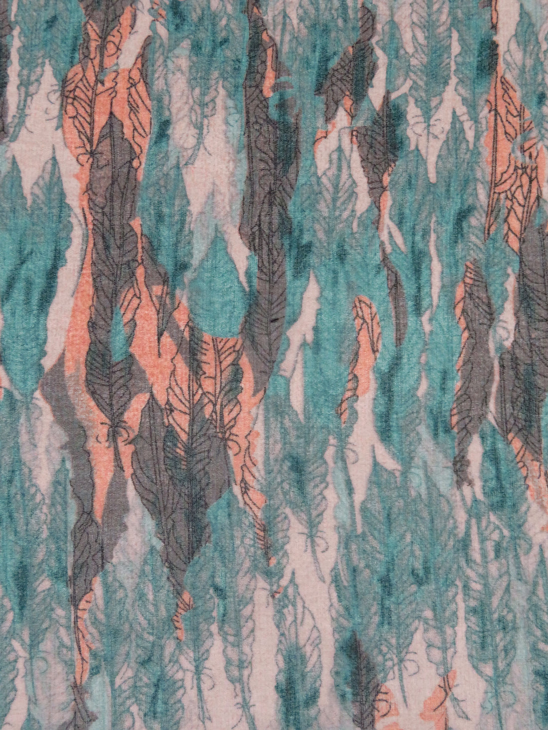 Dark Dusty Teal/Dark Gray/Pale Salmon/Multi 100% Polyester Abstract Feather Print Chiffon 56W