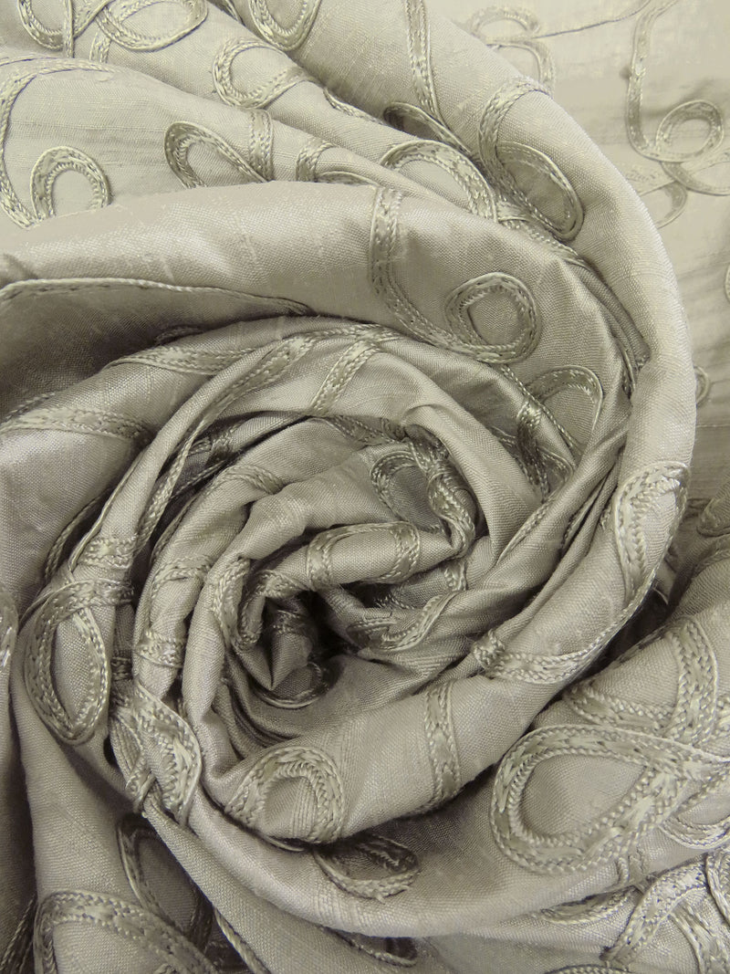 Dark Tidal Foam 100% Silk Loopy Soutache Embroidered Dupioni 42W