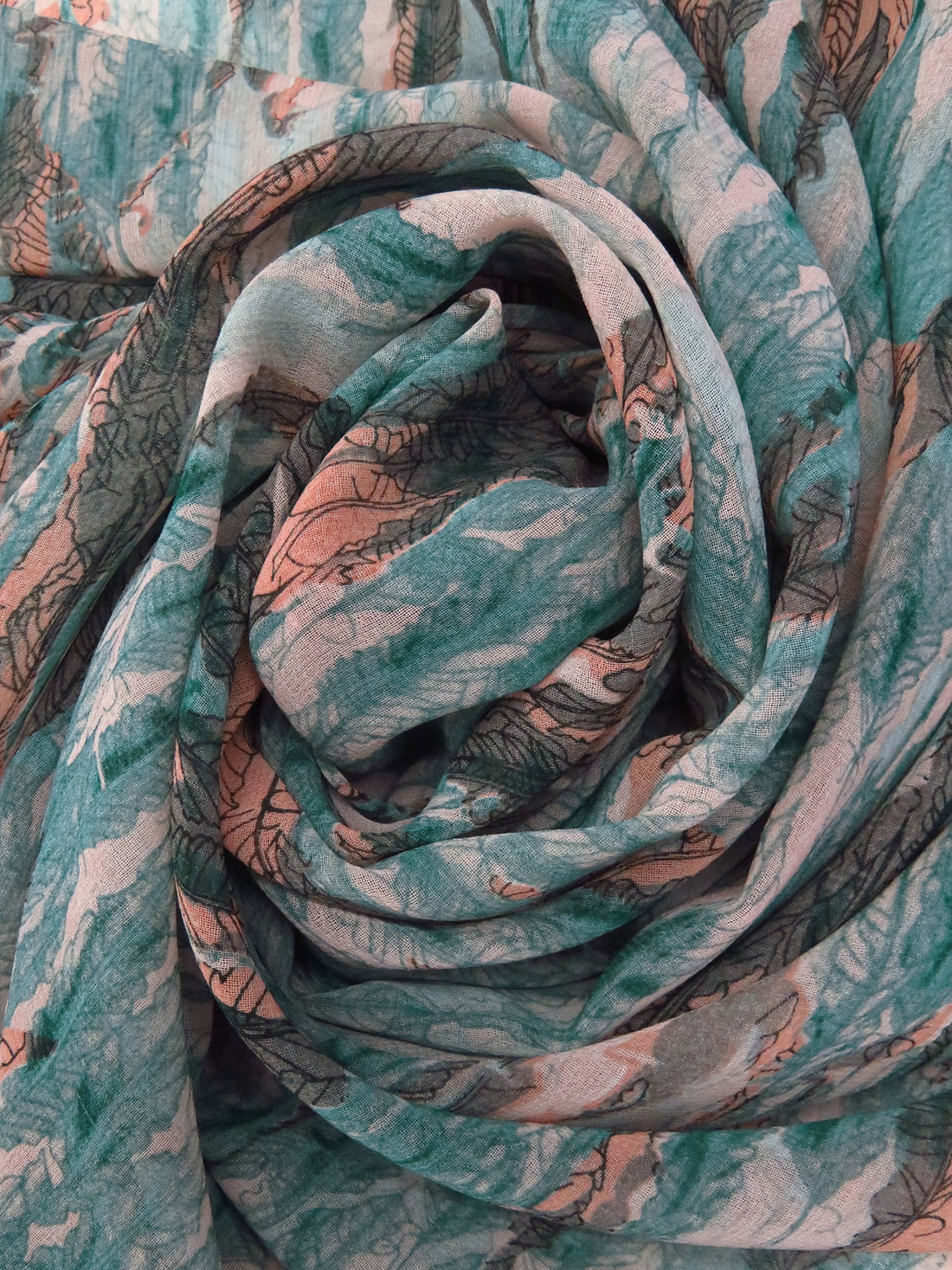 Dark Dusty Teal/Dark Gray/Pale Salmon/Multi 100% Polyester Abstract Feather Print Chiffon 56W
