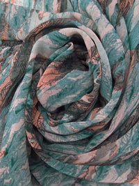 Dark Dusty Teal/Dark Gray/Pale Salmon/Multi 100% Polyester Abstract Feather Print Chiffon 56W