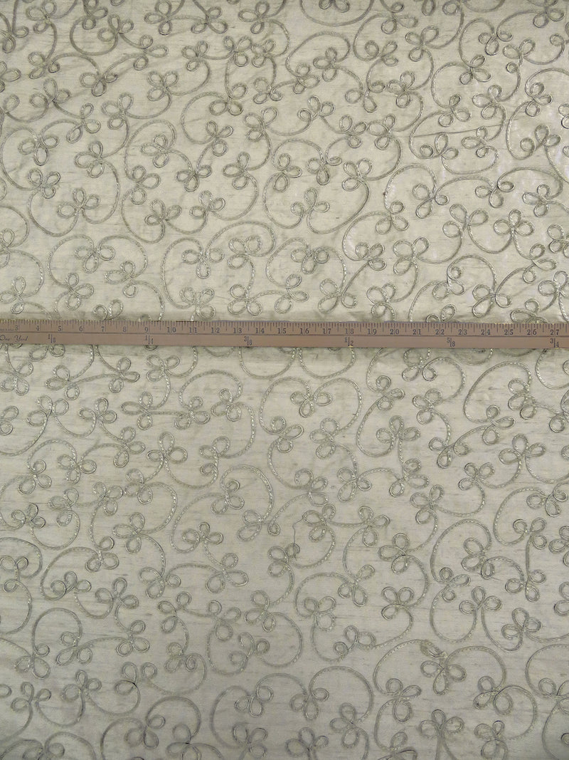 Dark Tidal Foam 100% Silk Loopy Soutache Embroidered Dupioni 42W