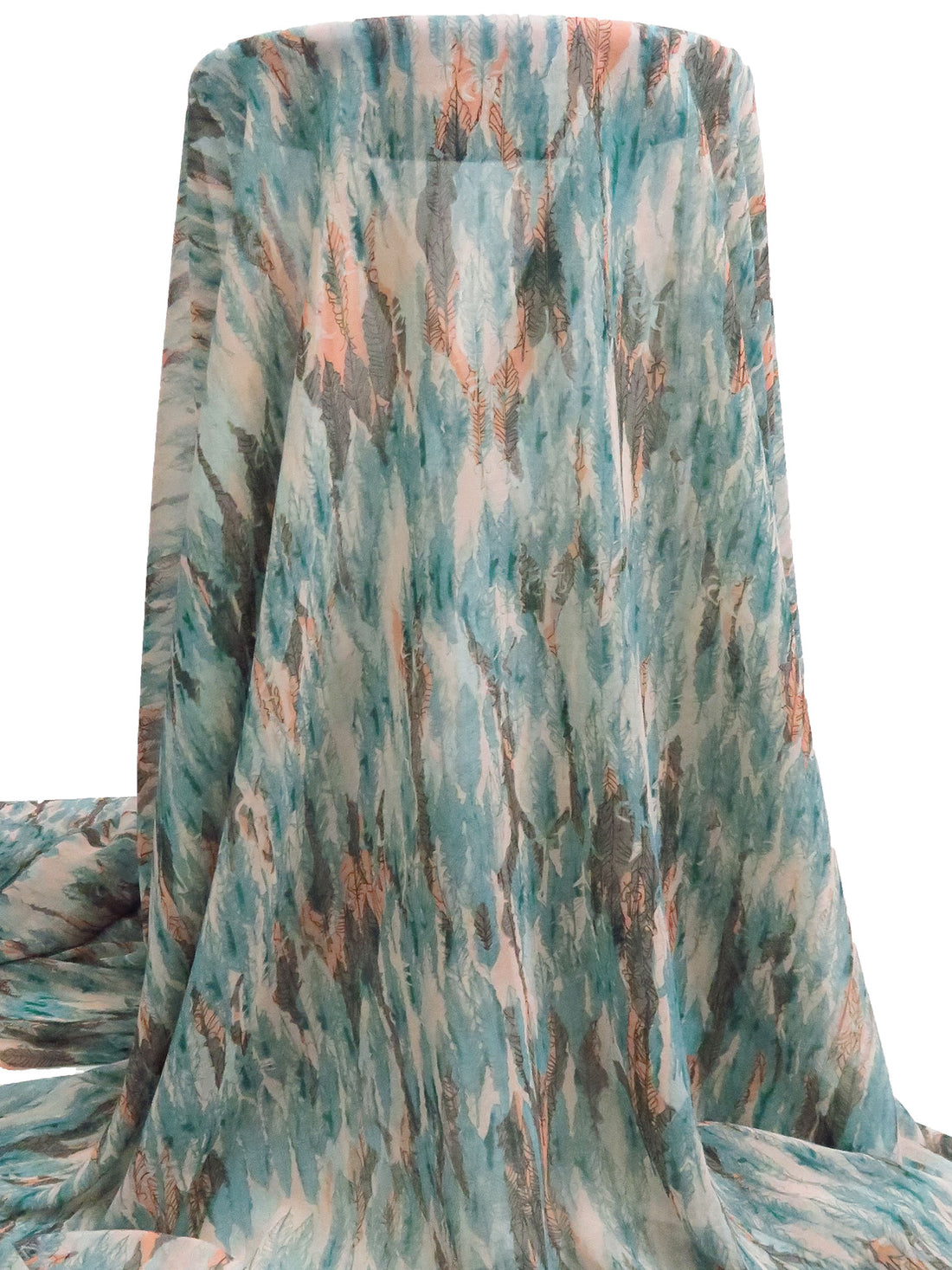 Dark Dusty Teal/Dark Gray/Pale Salmon/Multi 100% Polyester Abstract Feather Print Chiffon 56W