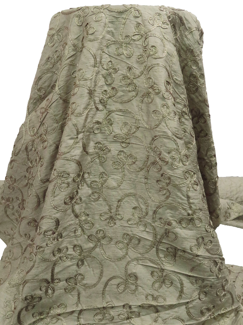 Oregano Spice 100% Silk Loopy Soutache Embroidered Dupioni 42W