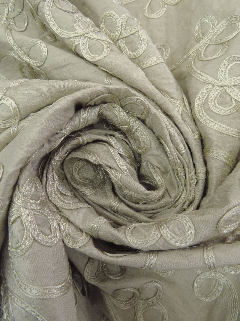 Dirty Coastal Fog 100% Silk Loopy Soutache Embroidered Dupioni 42W
