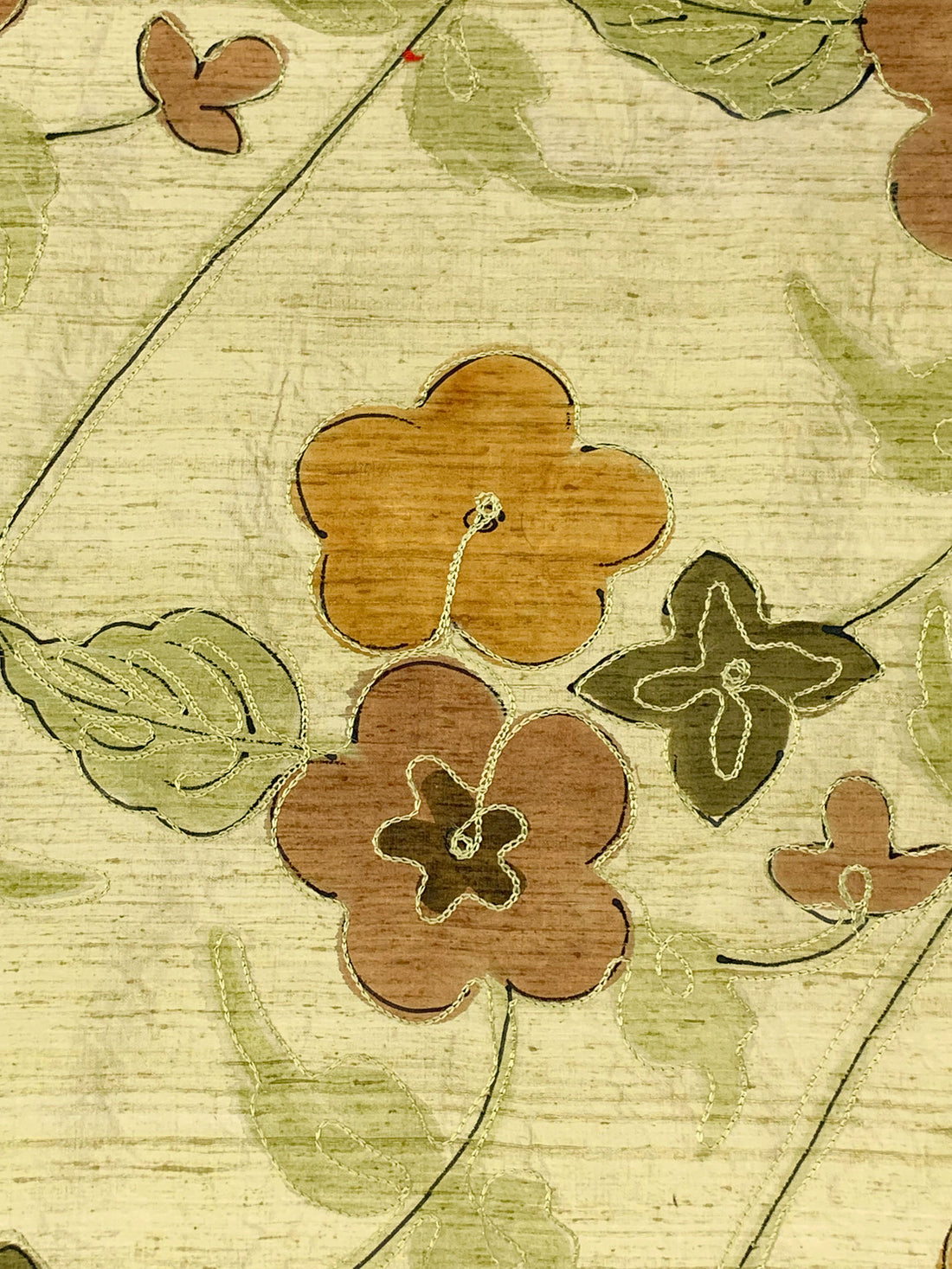 Hay Green/Bronze/Army Green 100% Silk Hand-Dyed Leaf Embroidered Dupioni 42W