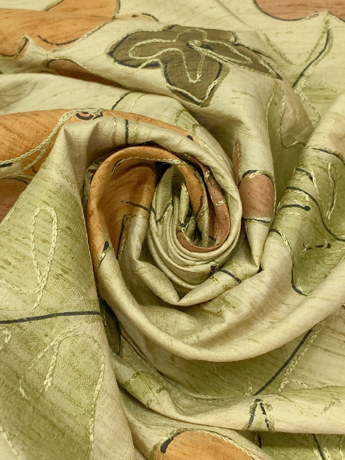 Hay Green/Bronze/Army Green 100% Silk Hand-Dyed Leaf Embroidered Dupioni 42W