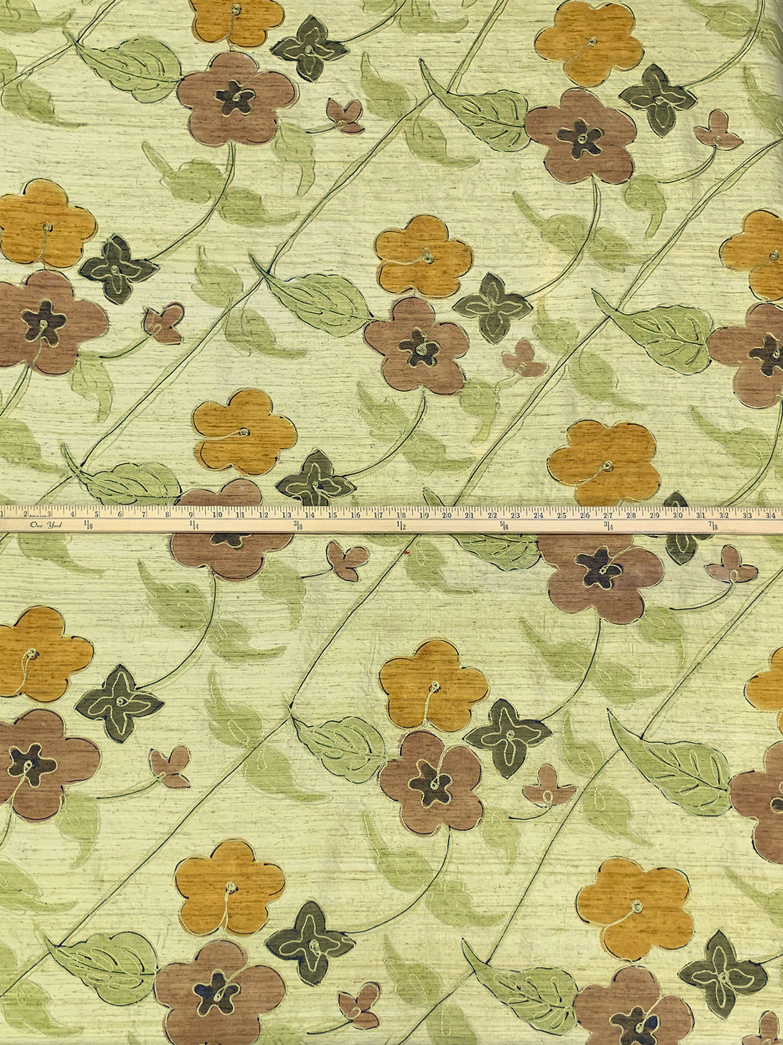 Hay Green/Bronze/Army Green 100% Silk Hand-Dyed Leaf Embroidered Dupioni 42W