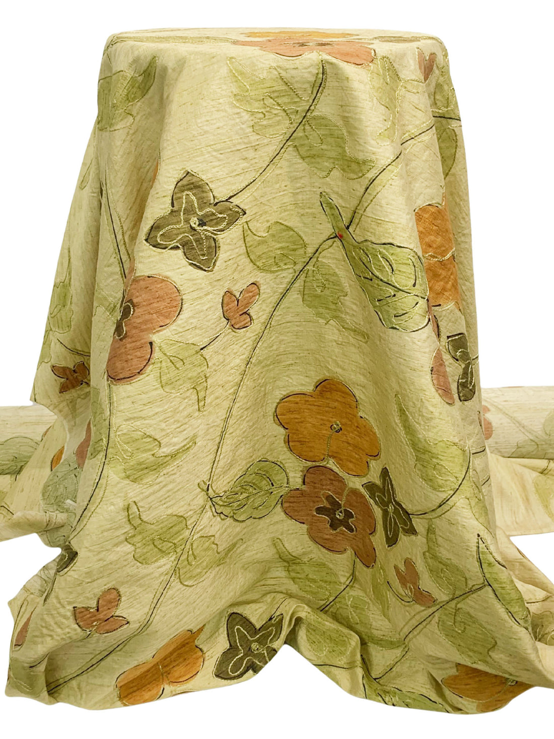 Hay Green/Bronze/Army Green 100% Silk Hand-Dyed Leaf Embroidered Dupioni 42W