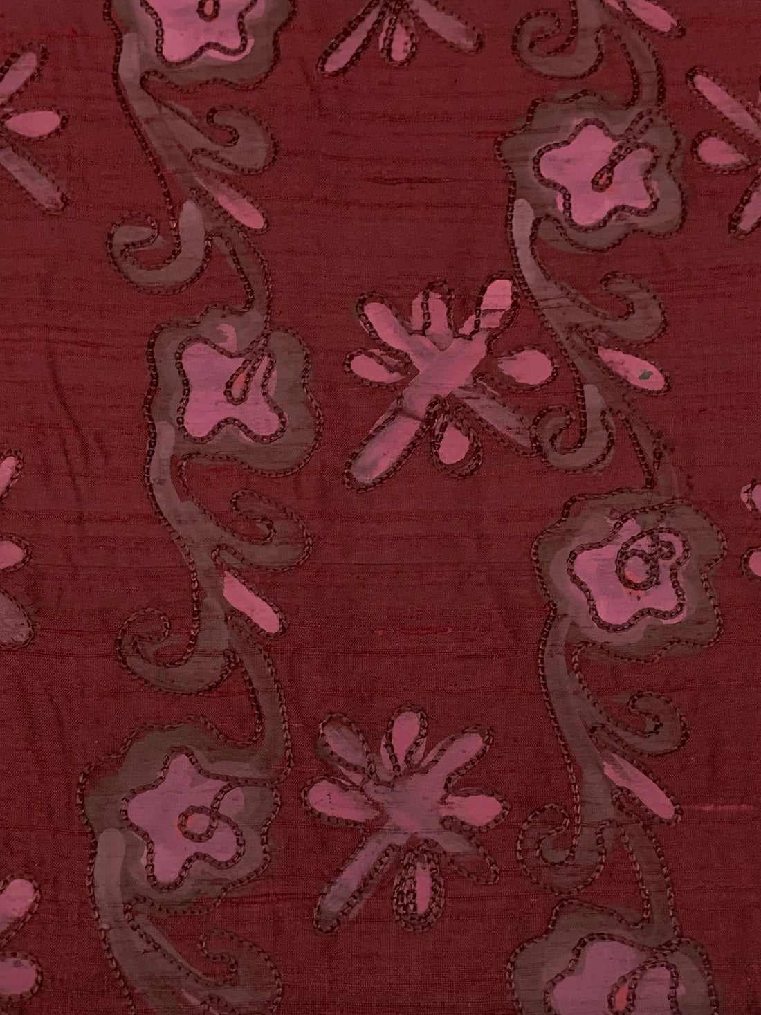 Claret/Rose Dust 100% Silk Hand-Dyed Leaf Embroidered Dupioni 42W