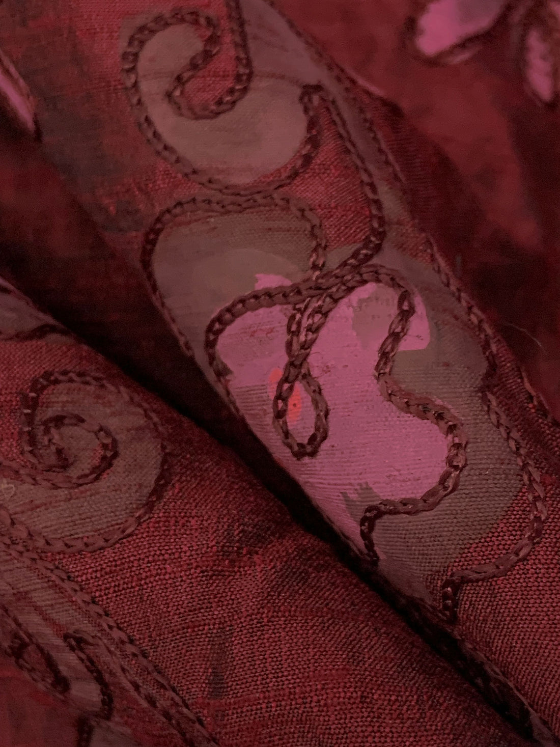 Claret/Rose Dust 100% Silk Hand-Dyed Leaf Embroidered Dupioni 42W