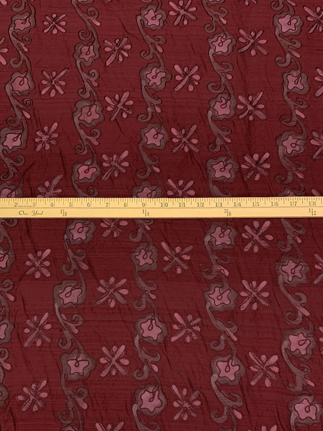 Claret/Rose Dust 100% Silk Hand-Dyed Leaf Embroidered Dupioni 42W
