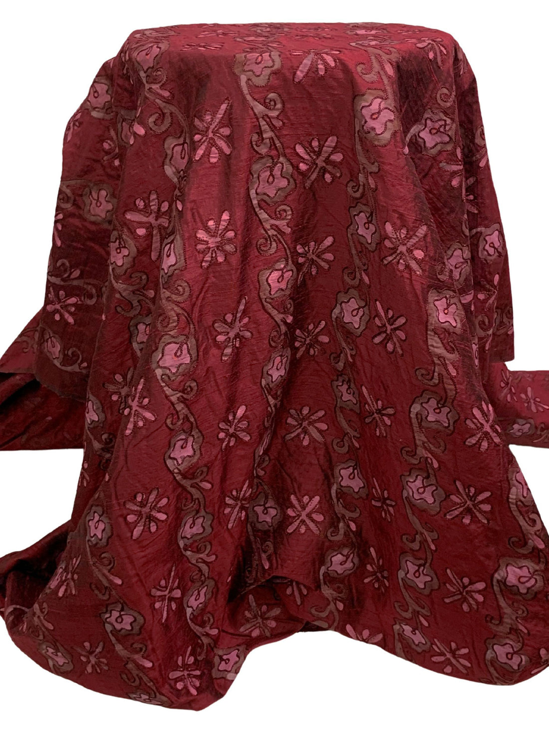 Claret/Rose Dust 100% Silk Hand-Dyed Leaf Embroidered Dupioni 42W
