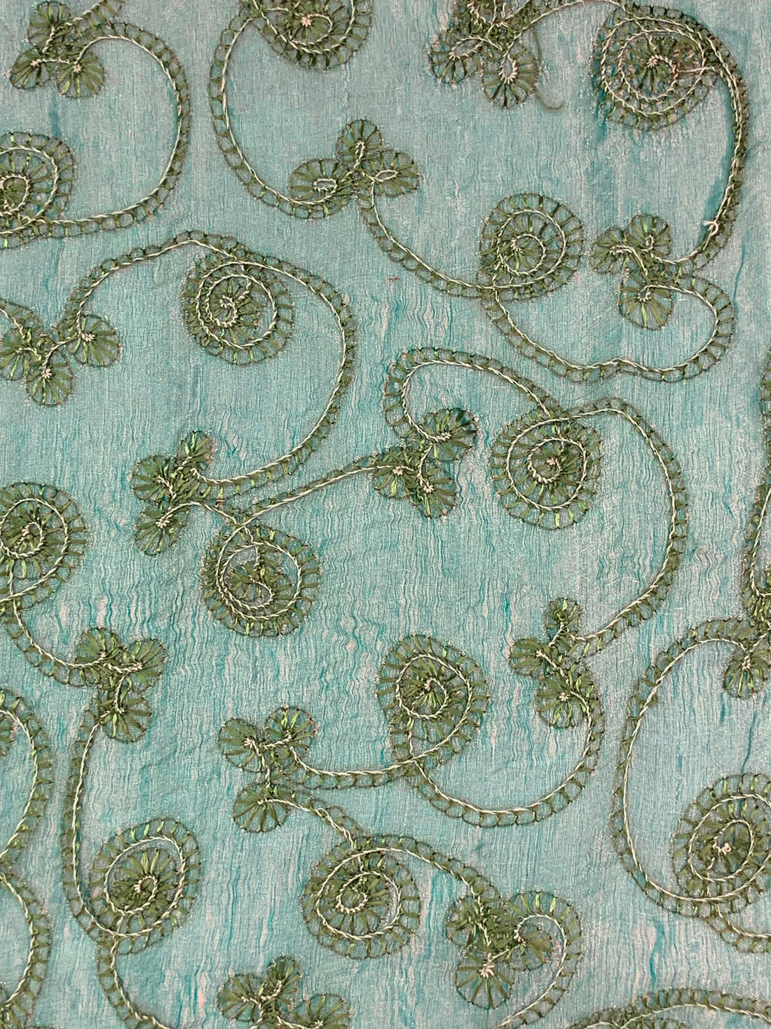 Soft Gold/Sea Blue/Moss Silk/Metallic Embroidered Swirls Organza 42W