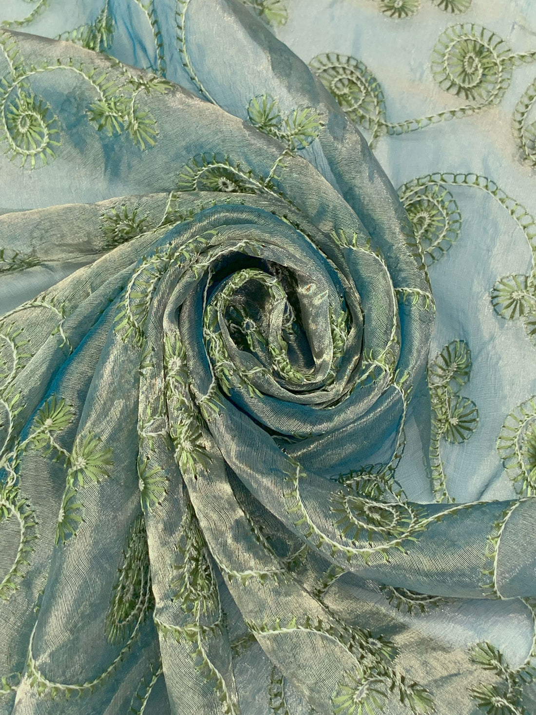 Soft Gold/Sea Blue/Moss Silk/Metallic Embroidered Swirls Organza 42W