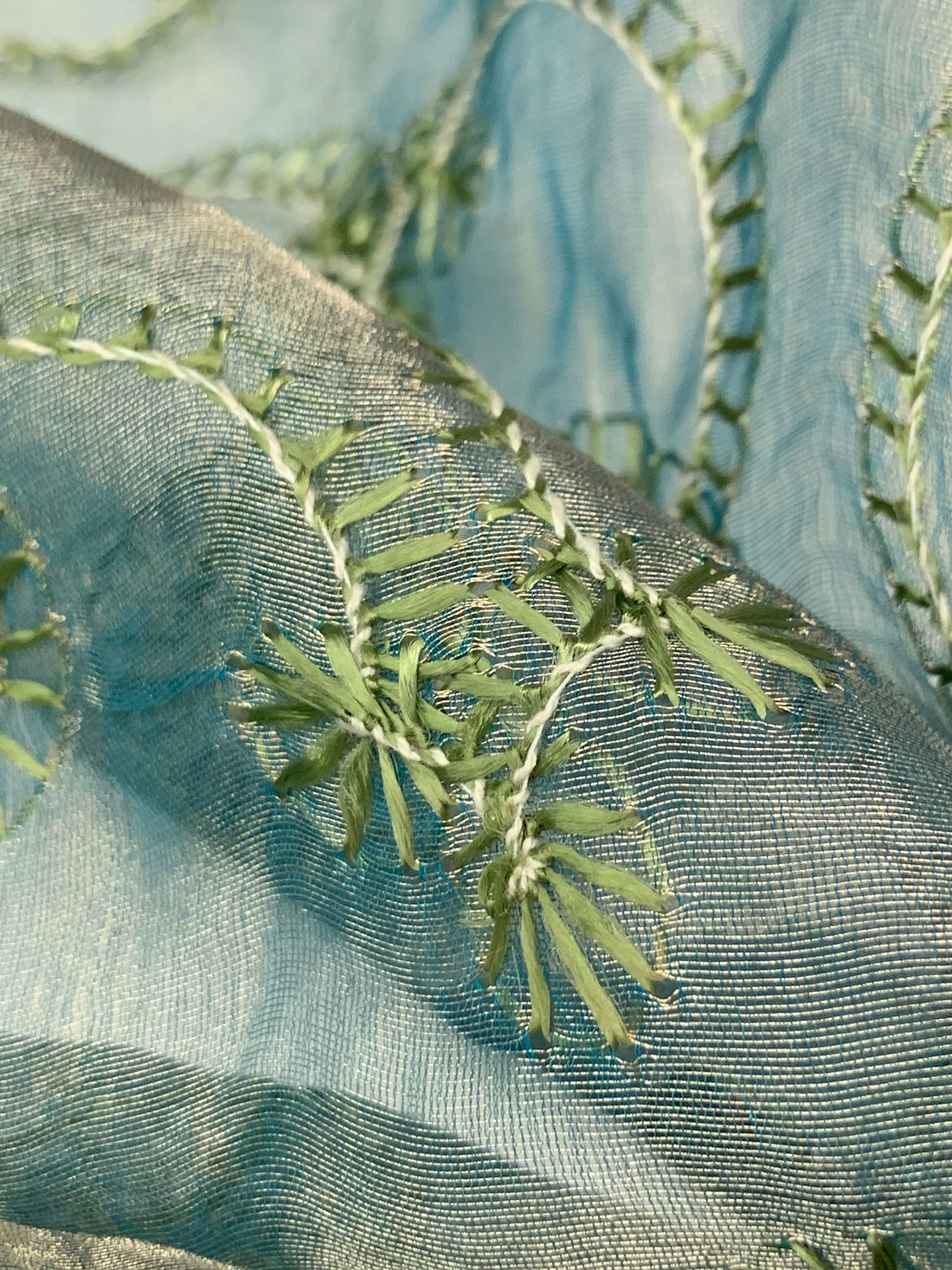 Soft Gold/Sea Blue/Moss Silk/Metallic Embroidered Swirls Organza 42W