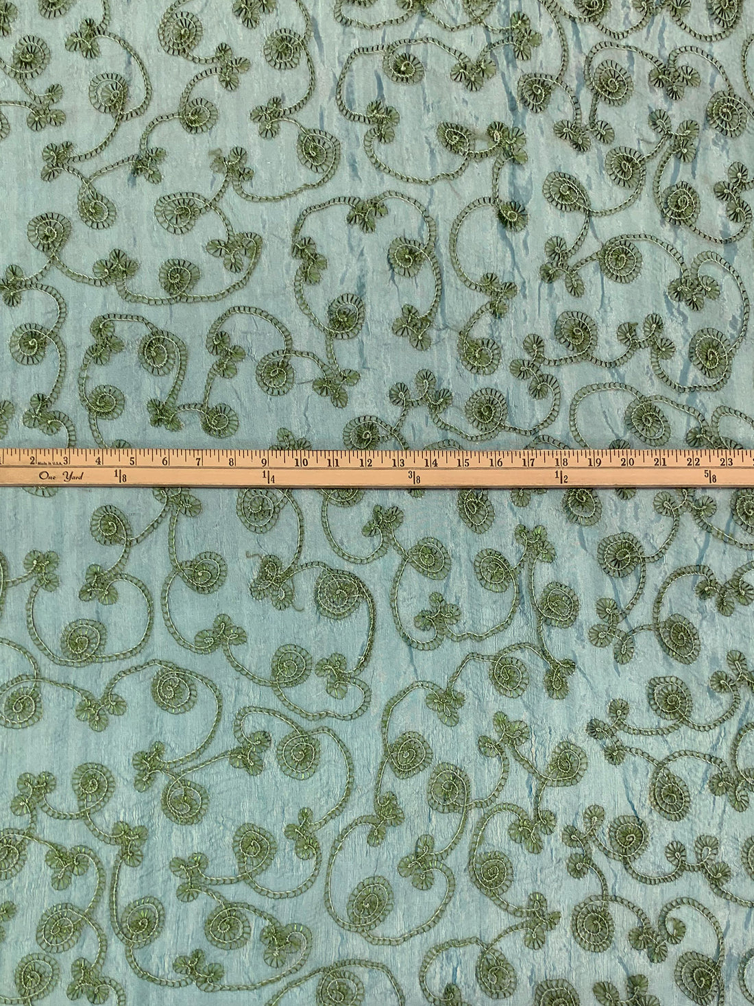 Soft Gold/Sea Blue/Moss Silk/Metallic Embroidered Swirls Organza 42W