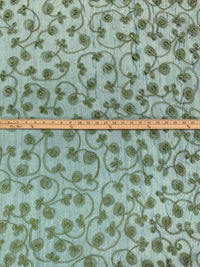 Soft Gold/Sea Blue/Moss Silk/Metallic Embroidered Swirls Organza 42W