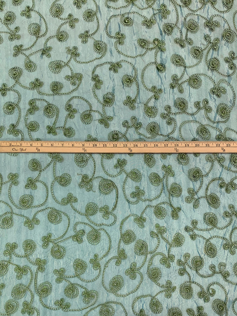 Soft Gold/Sea Blue/Moss Silk/Metallic Embroidered Swirls Organza 42W