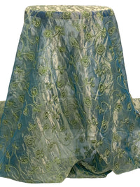 Soft Gold/Sea Blue/Moss Silk/Metallic Embroidered Swirls Organza 42W