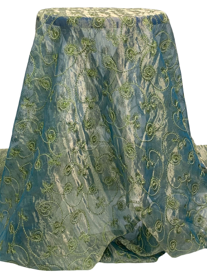 Soft Gold/Sea Blue/Moss Silk/Metallic Embroidered Swirls Organza 42W