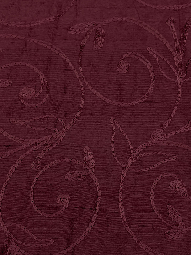 Antique Burgundy 100% Silk Floral Scrolls Embroidered Woven 42W
